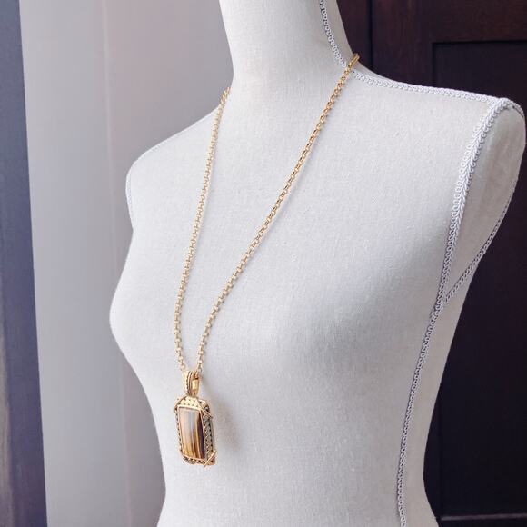 Signed Joan Rivers Tiger Eye Hinged Bail Pendant Gold Tone Necklace 33" Vintage - Picture 13 of 14